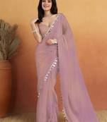 Women gorgette pink zari lace work saree
