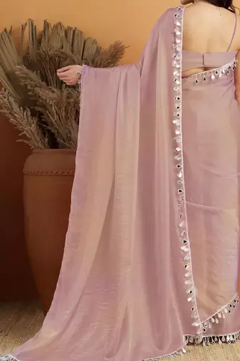 Women gorgette pink zari lace work saree