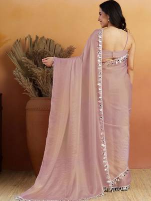 Women gorgette pink zari lace work saree 5