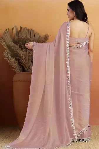 Women gorgette pink zari lace work saree
