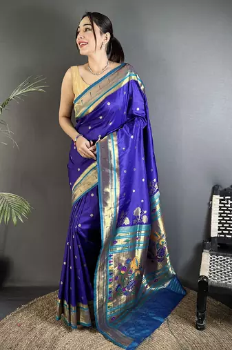 Women royal blue floral motifs lichi silk saree