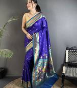 Women royal blue floral motifs lichi silk blend saree