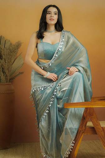 Women gorgette pista zari lace work saree