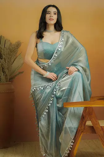 Women gorgette pista zari lace work saree