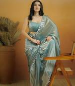 Women gorgette pista zari lace work saree
