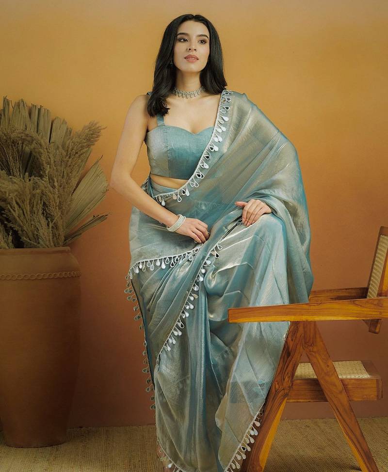 Women gorgette pista zari lace work saree