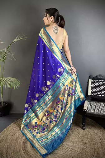 Women royal blue floral motifs lichi silk saree