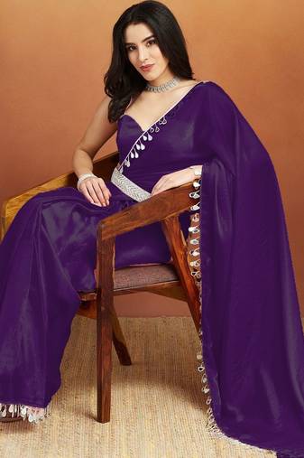 Women gorgette purpule zari lace work saree