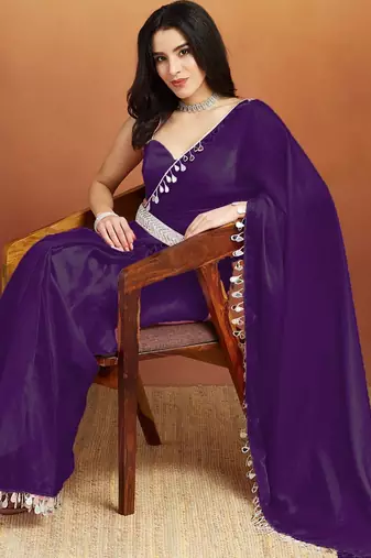 Women gorgette purpule zari lace work saree