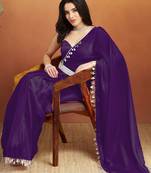 Women gorgette purpule zari lace work saree