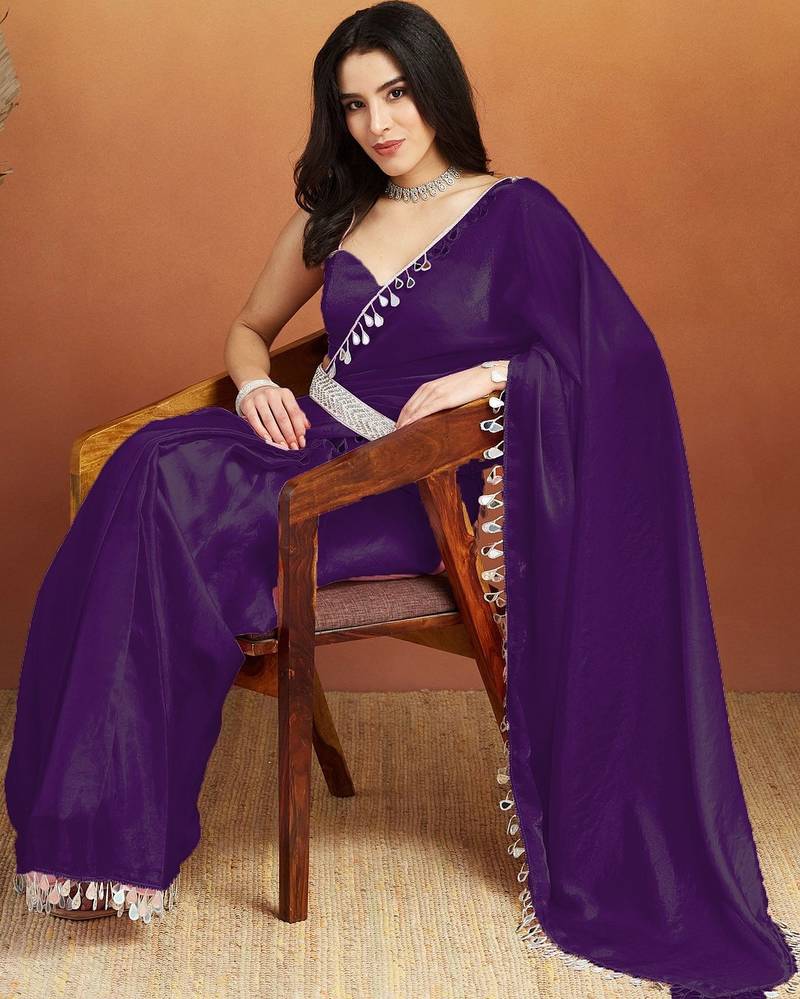 Women gorgette purpule zari lace work saree