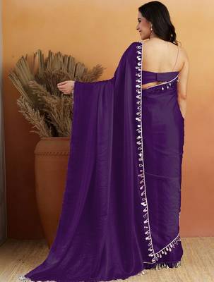 Women gorgette purpule zari lace work saree 3