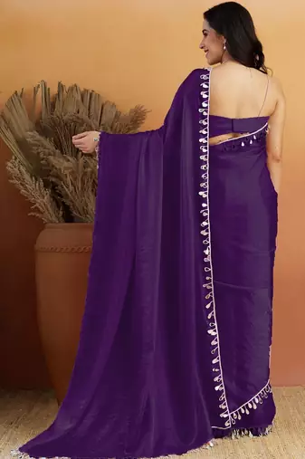 Women gorgette purpule zari lace work saree