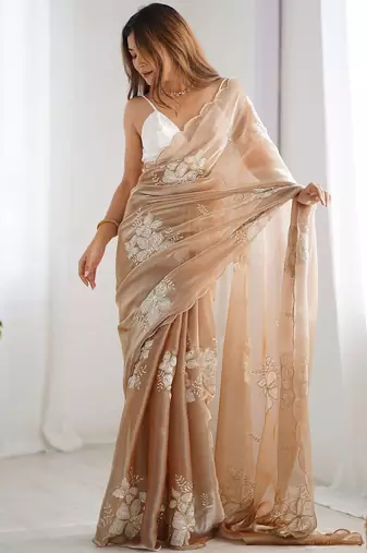 Women satin gold zari lace work saree