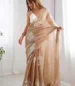 Women satin gold zari lace work saree