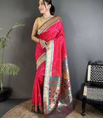Women rani pink floral motifs lichi silk blend saree