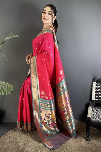 Women rani pink floral motifs lichi silk saree