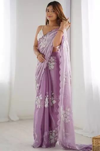 Women satin onion zari lace work saree