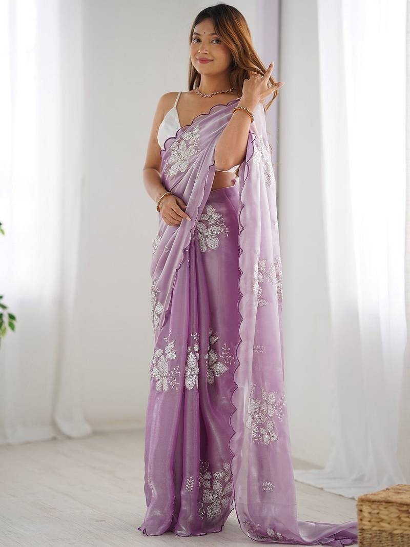 Women satin onion zari lace work saree