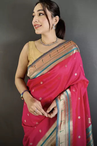 Women rani pink floral motifs lichi silk saree