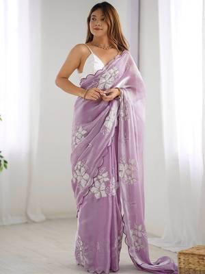 Women satin onion zari lace work saree 3