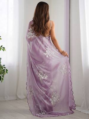 Women satin onion zari lace work saree 4