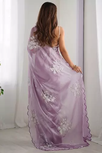 Women satin onion zari lace work saree