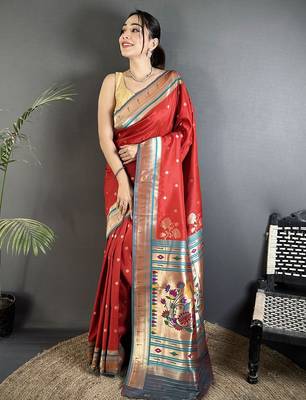Women red floral motifs lichi silk blend saree 1