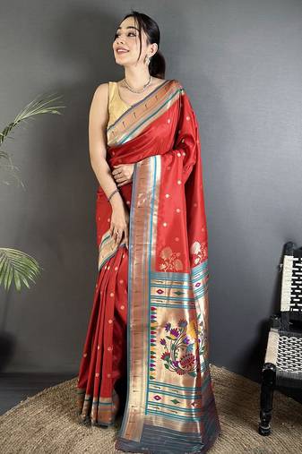 Women red floral motifs lichi silk saree