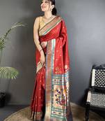 Women red floral motifs lichi silk blend saree