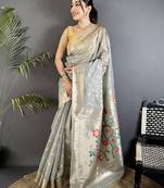 Women grey parrot & floral woven design tissue saree