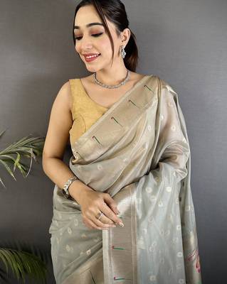 Women grey parrot & floral woven design tissue saree 4