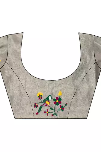 Women grey parrot & floral woven design tissue saree