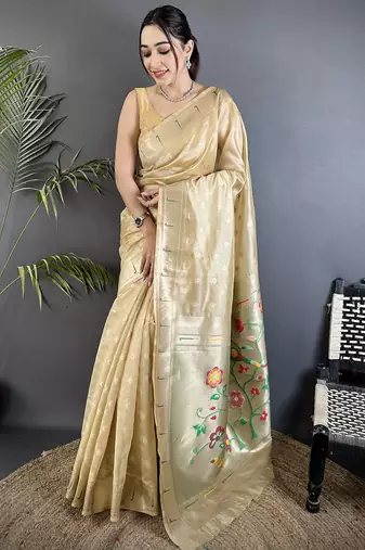 Women beige parrot & floral woven design tissue saree