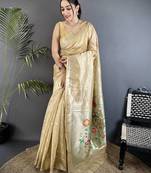 Women beige parrot & floral woven design tissue saree