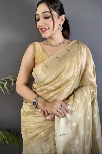 Women beige parrot & floral woven design tissue saree