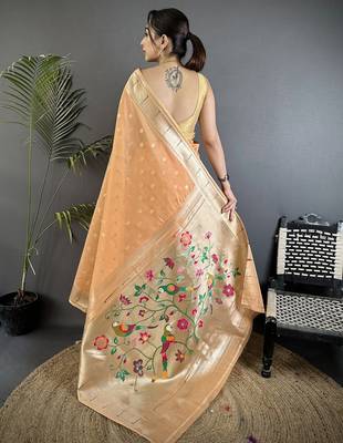Women peach parrot & floral woven design tissue saree 3