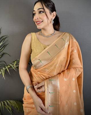 Women peach parrot & floral woven design tissue saree 4