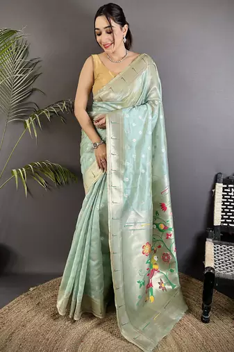 Women sky blue parrot & floral woven design tissue saree