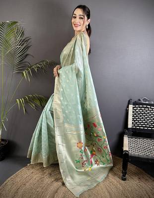 Women sky blue parrot & floral woven design tissue saree 2