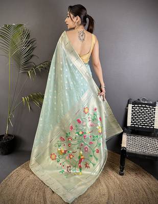 Women sky blue parrot & floral woven design tissue saree 3