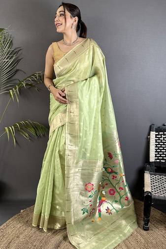 Women lime green parrot & floral woven design tissue saree