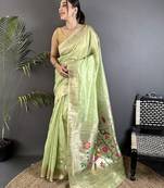 Women lime green parrot & floral woven design tissue saree