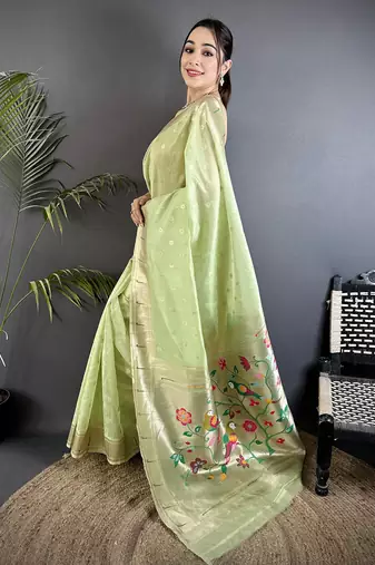 Women lime green parrot & floral woven design tissue saree