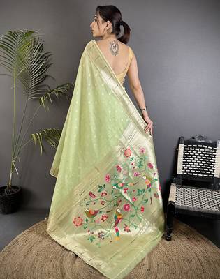 Women lime green parrot & floral woven design tissue saree 3