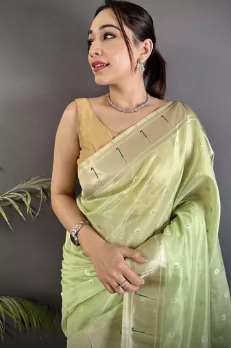 Women lime green parrot & floral woven design tissue saree