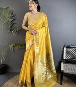 Women yellow parrot & floral woven design tissue saree
