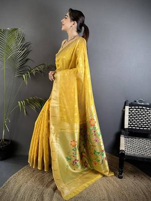 Women yellow parrot & floral woven design tissue saree 2