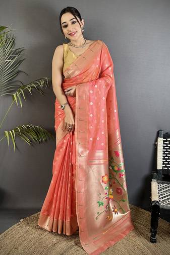Women pink parrot & floral woven design tissue saree