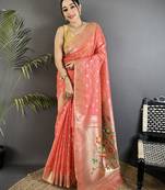 Women pink parrot & floral woven design tissue saree